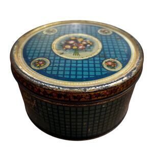 Vintage Blue Ameryl Candy Tin Gold Floral Marinello New York Chicago round